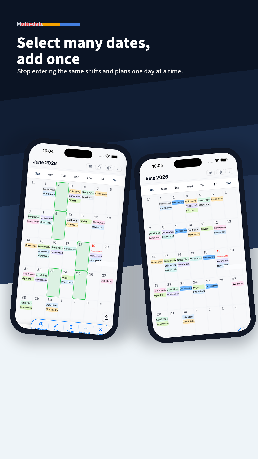 Polenest Planner calendar showing multiple selected dates before one schedule is applied